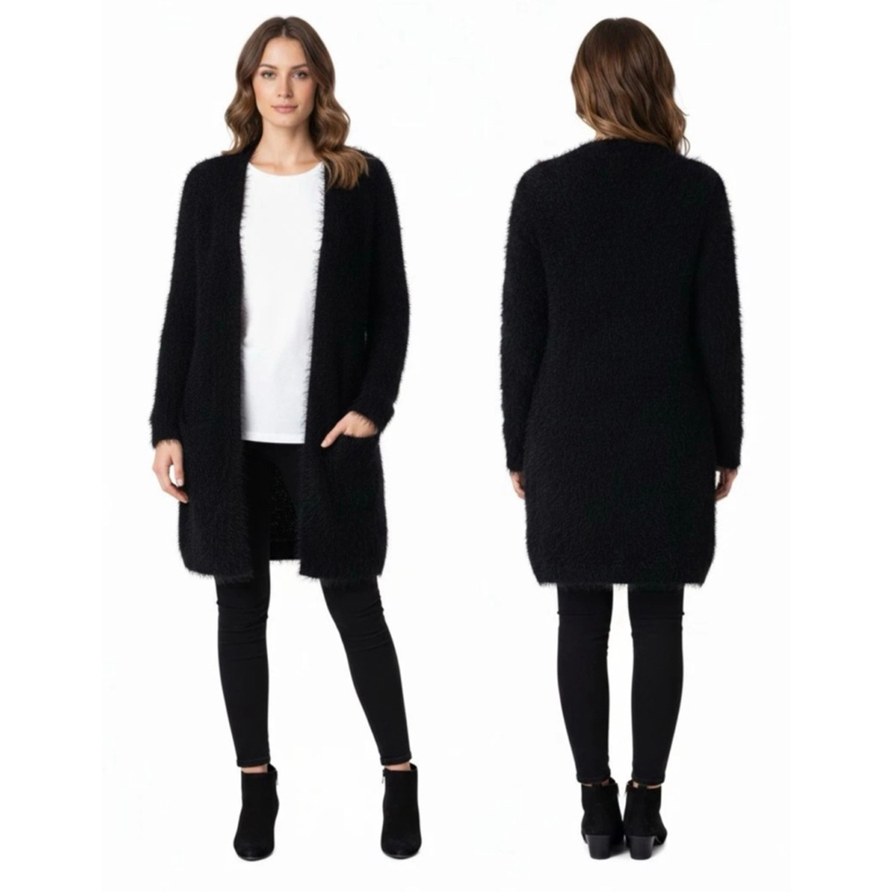 Chelsea & Theodore Black Fuzzy Cardigan Duster Sweater L NWT